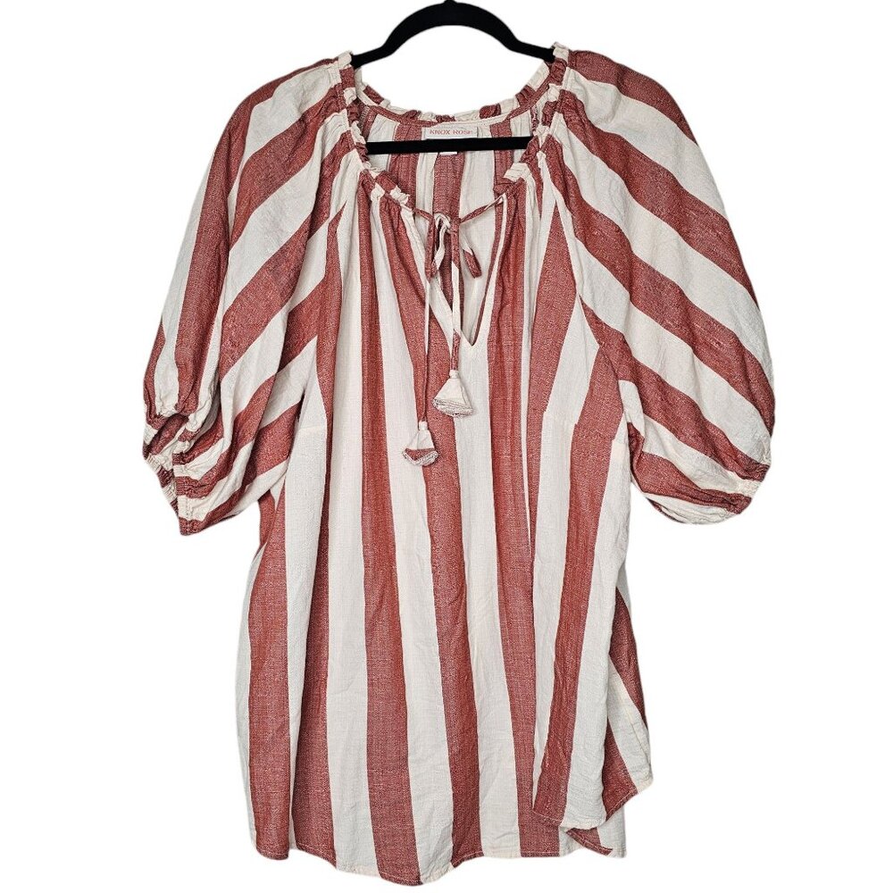 ⚡️Knox Rose XXL Red Striped Top Boho Puff Sleeve Tassel Pesant Cottage Western